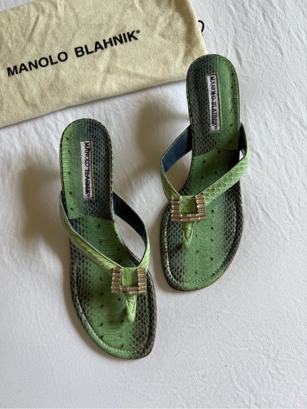 Vintage RARE Manolo Blahnik Green Snake Leather Mules Sandals on kitten heel
